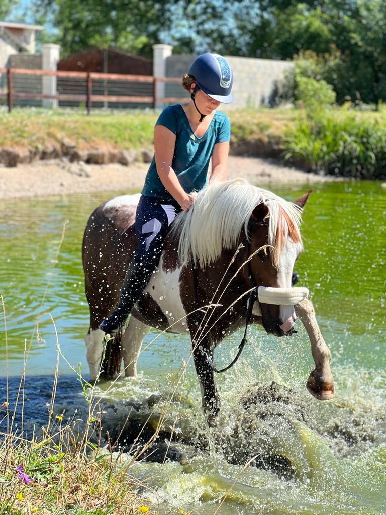 Cavalière sur son cheval dans une rivière